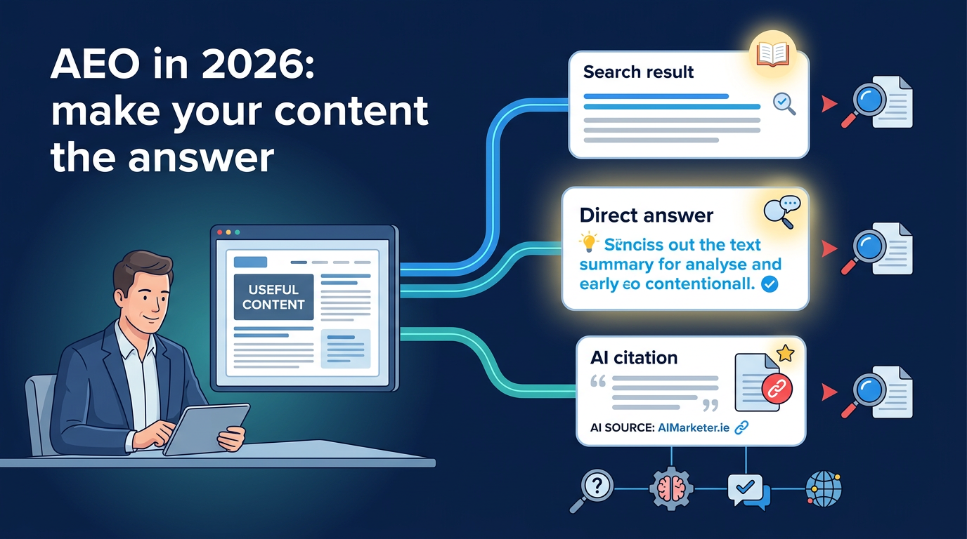 AEO in 2026: how to make your content the answer — AIMarketer.ie article cover